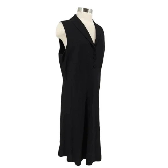 Sarah Spencer Fit Flare Midi Dress Black Linen Sleeveless Collar Button - Picture 2 of 5
